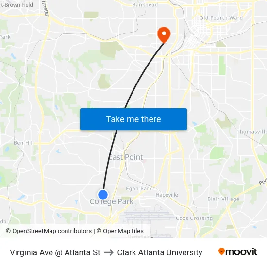 Virginia Ave @ Atlanta St to Clark Atlanta University map