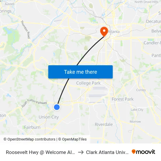 Roosevelt Hwy @ Welcome All Rd SW to Clark Atlanta University map