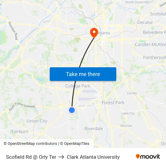 Scofield Rd @ Orly Ter to Clark Atlanta University map