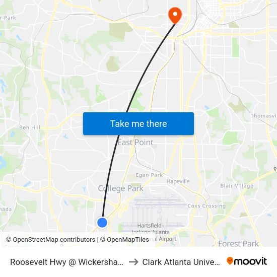 Roosevelt Hwy @ Wickersham Dr to Clark Atlanta University map
