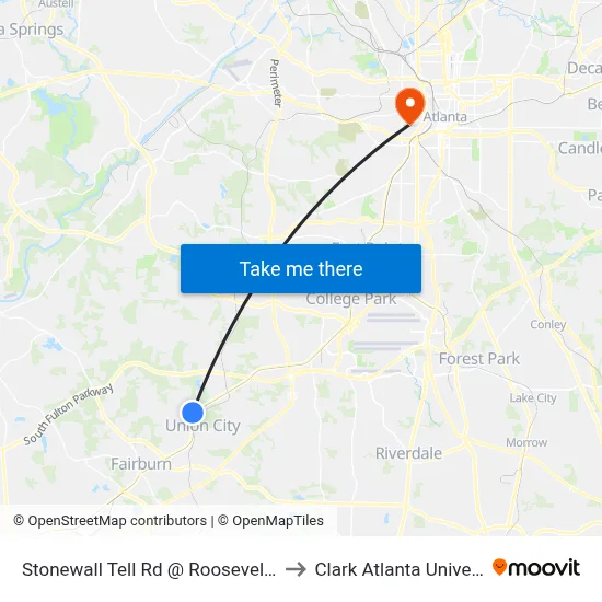 Stonewall Tell Rd @ Roosevelt Hwy to Clark Atlanta University map