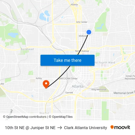 10th St NE @ Juniper St NE to Clark Atlanta University map