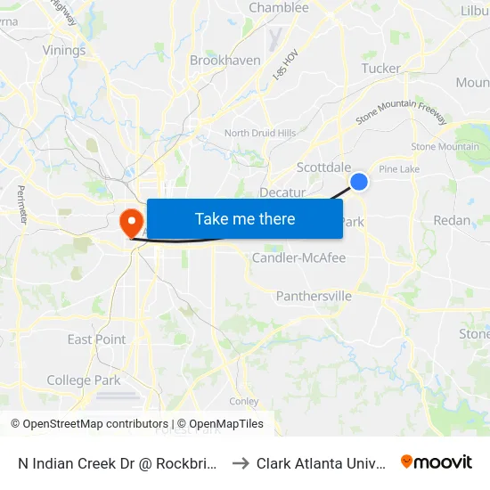 N Indian Creek Dr @ Rockbridge Rd to Clark Atlanta University map