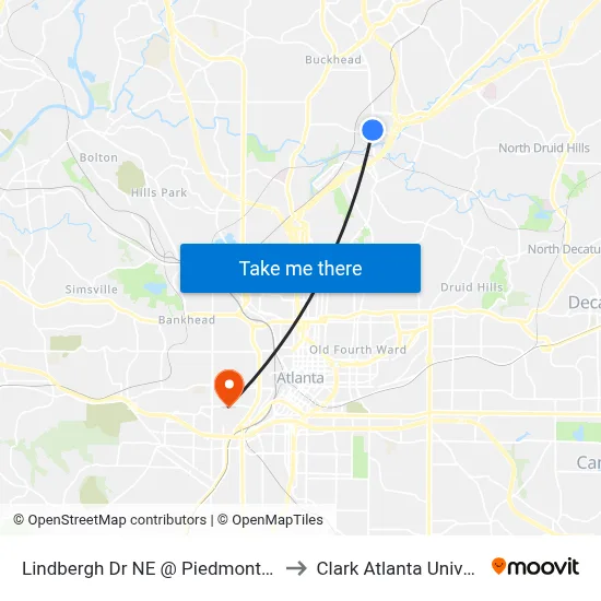 Lindbergh Dr NE @ Piedmont Rd NE to Clark Atlanta University map