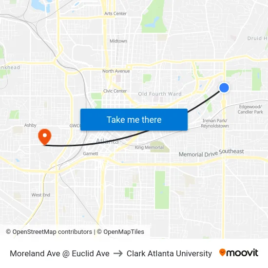 Moreland Ave @ Euclid Ave to Clark Atlanta University map