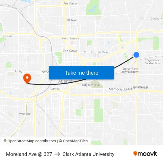 Moreland Ave @ 327 to Clark Atlanta University map