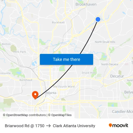 Briarwood Rd @ 1750 to Clark Atlanta University map