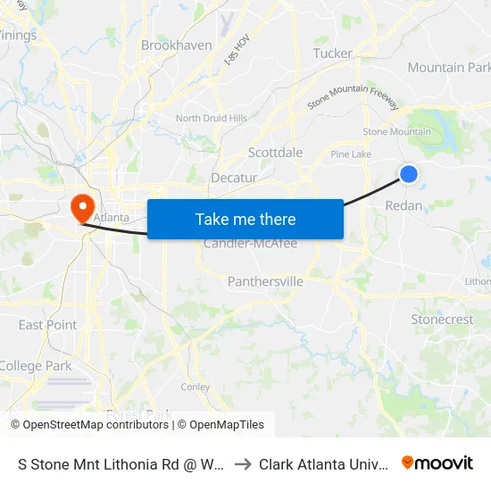 S Stone Mnt Lithonia Rd @ Wells Cir to Clark Atlanta University map