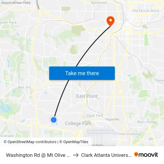 Washington Rd @ Mt Olive Rd to Clark Atlanta University map