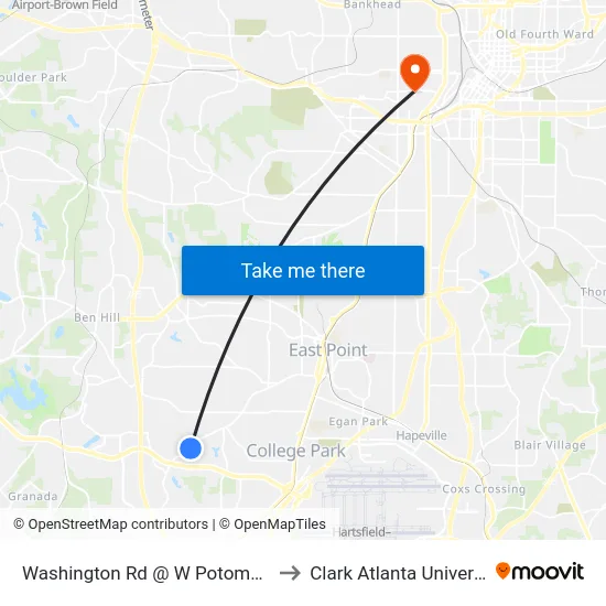 Washington Rd @ W Potomac Dr to Clark Atlanta University map