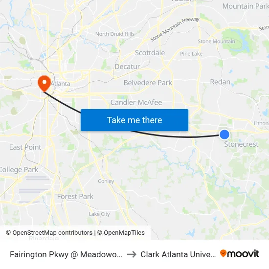 Fairington Pkwy @ Meadowood Cir to Clark Atlanta University map
