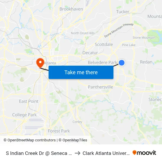 S Indian Creek Dr @ Seneca Way to Clark Atlanta University map