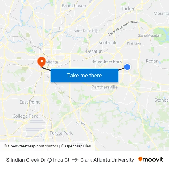 S Indian Creek Dr @ Inca Ct to Clark Atlanta University map