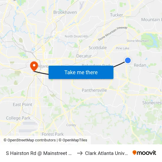 S Hairston Rd @ Mainstreet Park Dr to Clark Atlanta University map