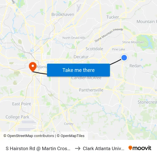S Hairston Rd @ Martin Crossing Rd to Clark Atlanta University map