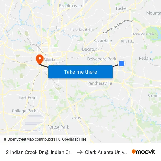 S Indian Creek Dr @ Indian Creek Cir to Clark Atlanta University map