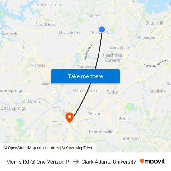 Morris Rd @ One Verizon Pl to Clark Atlanta University map
