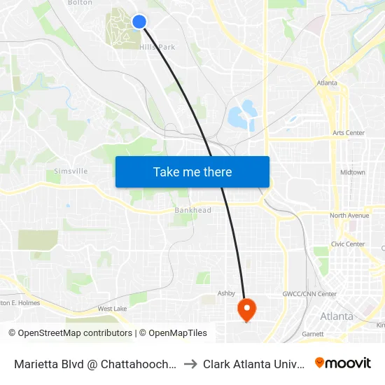 Marietta Blvd @ Chattahoochee Ave to Clark Atlanta University map