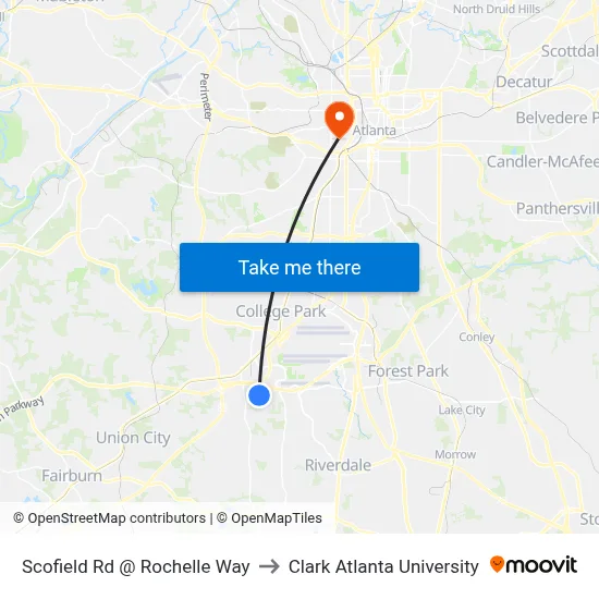 Scofield Rd @ Rochelle Way to Clark Atlanta University map