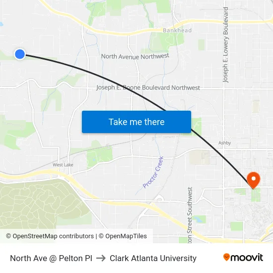 North Ave @ Pelton Pl to Clark Atlanta University map