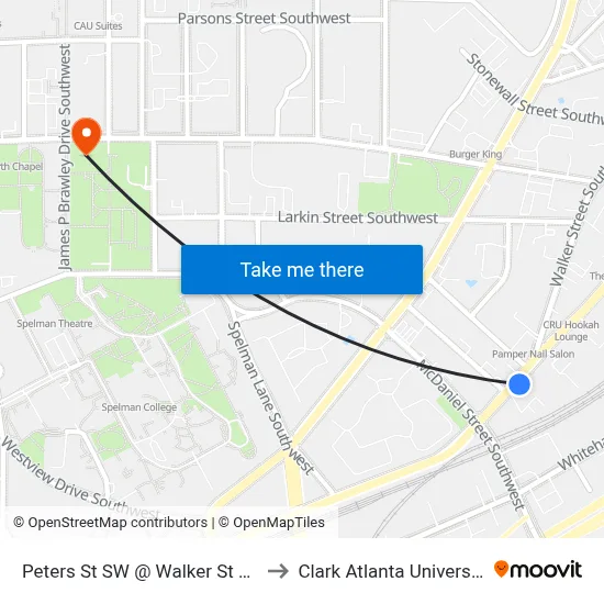 Peters St SW @ Walker St SW to Clark Atlanta University map