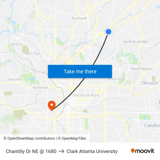 Chantilly Dr NE @ 1680 to Clark Atlanta University map