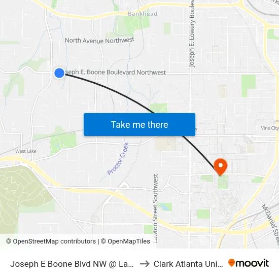 Joseph E Boone Blvd NW @ Lanier St NW to Clark Atlanta University map