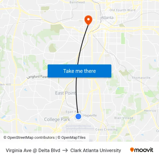 Virginia Ave @ Delta Blvd to Clark Atlanta University map