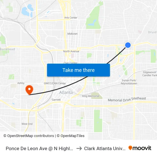 Ponce De Leon Ave @ N Highland Ave to Clark Atlanta University map