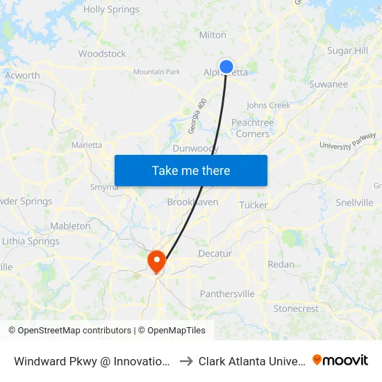 Windward Pkwy @ Innovation Way to Clark Atlanta University map