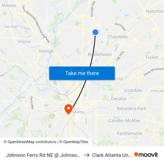Johnson Ferry Rd NE @ Johnson Ferry Pkwy to Clark Atlanta University map