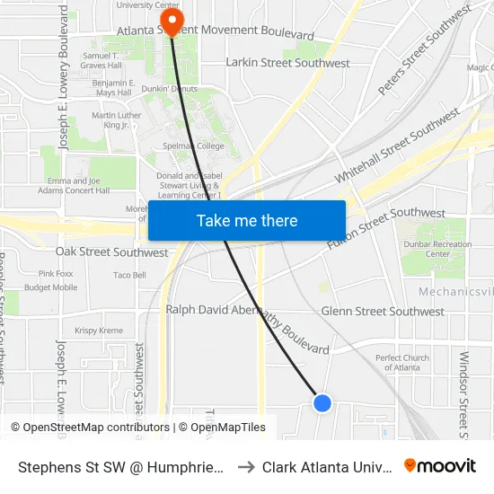 Stephens St SW @ Humphries St SW to Clark Atlanta University map