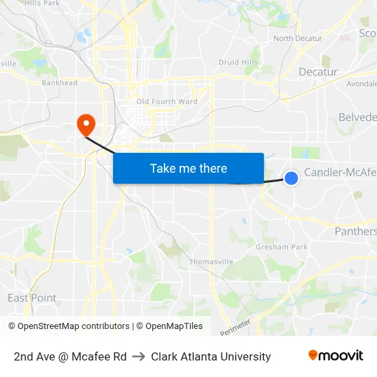 2nd Ave @ Mcafee Rd to Clark Atlanta University map