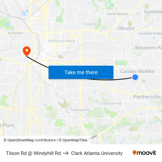 Tilson Rd @ Windyhill Rd to Clark Atlanta University map