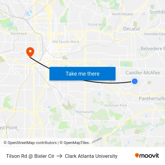 Tilson Rd @ Bixler Cir to Clark Atlanta University map