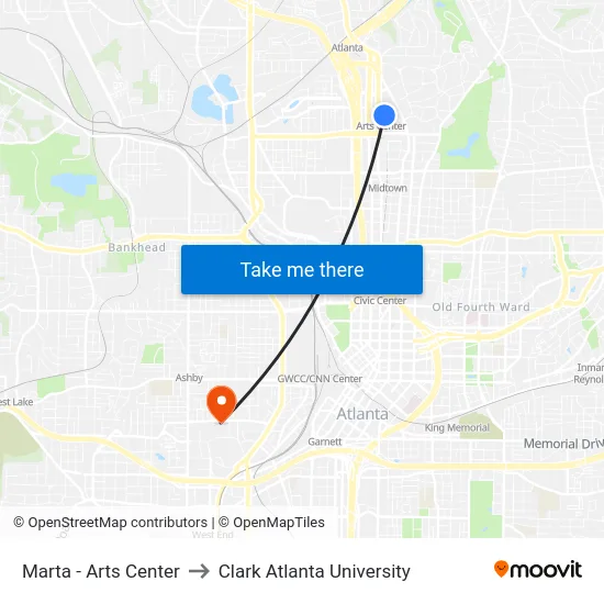 Marta - Arts Center to Clark Atlanta University map