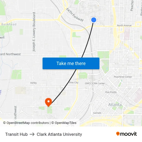 Transit Hub to Clark Atlanta University map