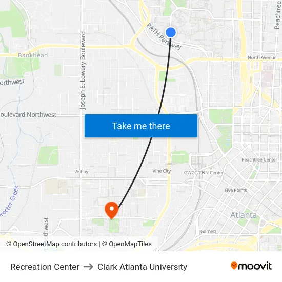 Recreation Center to Clark Atlanta University map