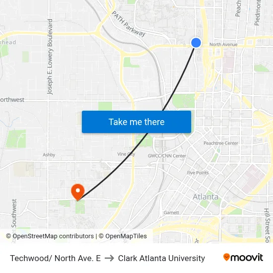 Techwood/ North Ave. E to Clark Atlanta University map