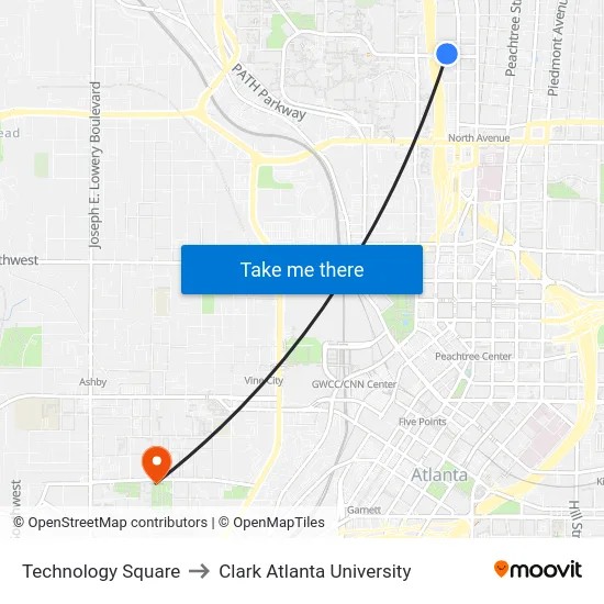 Technology Square to Clark Atlanta University map