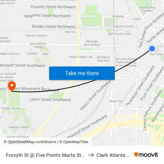 Forsyth St @ Five Points Marta Station (Northbound) to Clark Atlanta University map