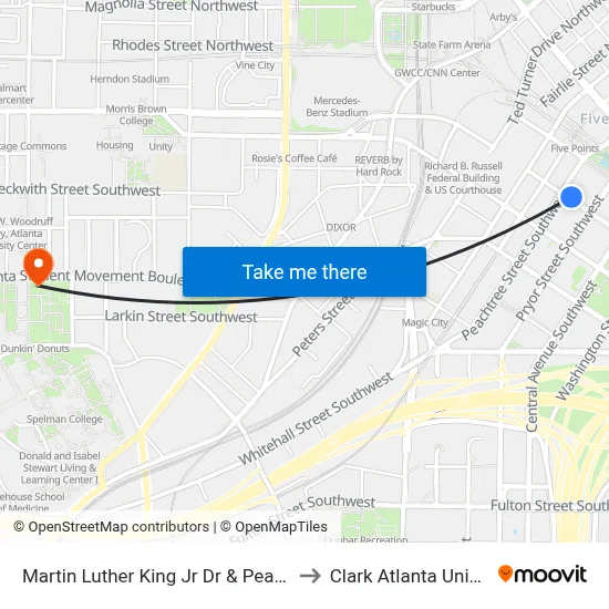 Martin Luther King Jr Dr & Peachtree St to Clark Atlanta University map