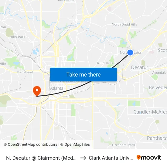 N. Decatur @ Clairmont (Mcdonalds) to Clark Atlanta University map