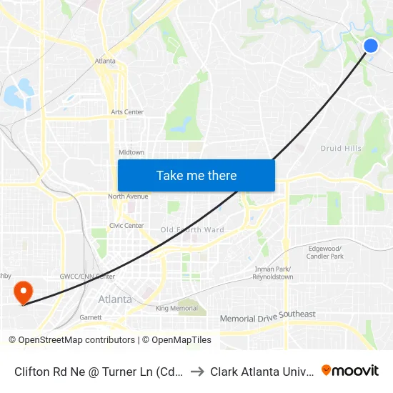 Clifton Rd Ne @ Turner Ln (Cdc Pkwy) to Clark Atlanta University map