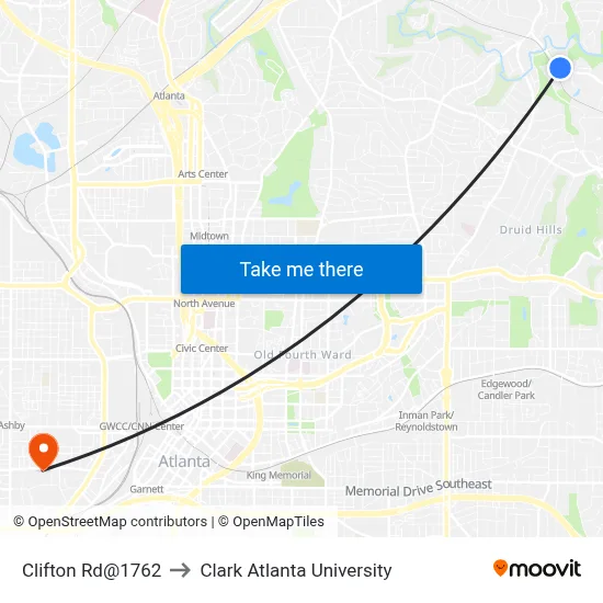 Clifton Rd@1762 to Clark Atlanta University map