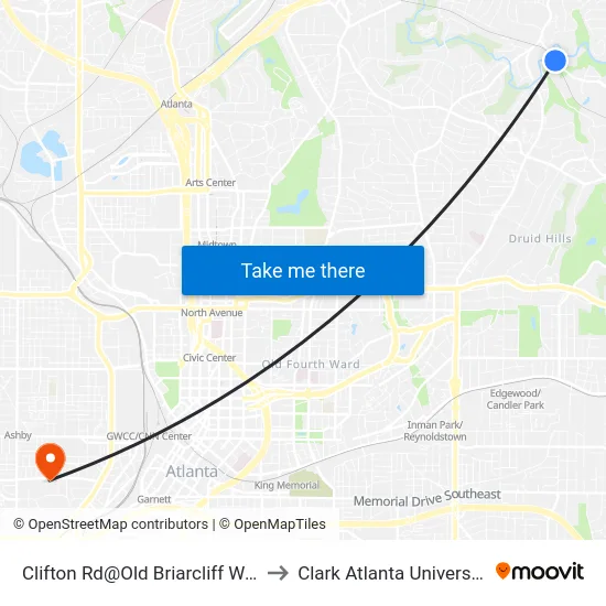 Clifton Rd@Old Briarcliff Way to Clark Atlanta University map