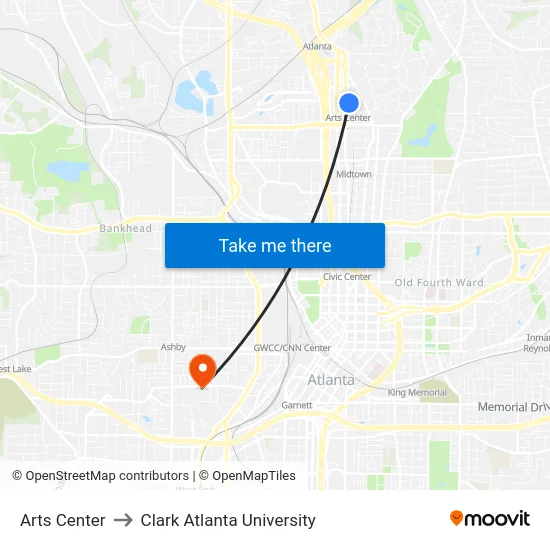 Arts Center to Clark Atlanta University map