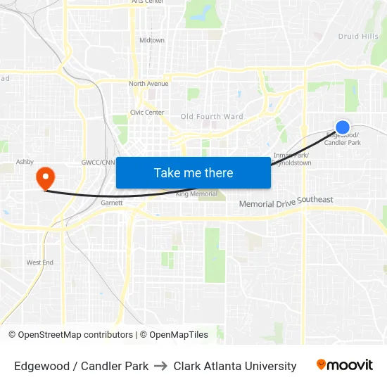 Edgewood / Candler Park to Clark Atlanta University map