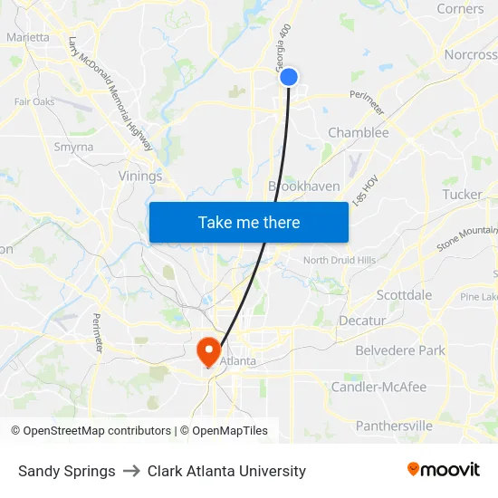 Sandy Springs to Clark Atlanta University map