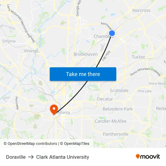 Doraville to Clark Atlanta University map